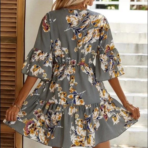 Boho Plus Size Floral Print Ruffle Hem Mini Dress - Picture 8 of 13